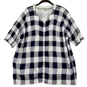 Woman Within Cardigan Sweater Size 1X Blue White Plaid Button Up Stretch